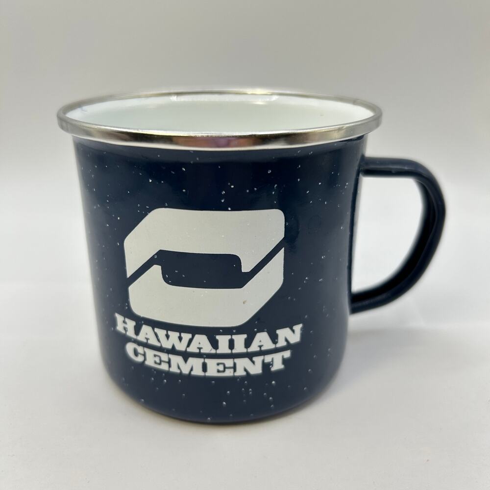 Hawaiian Cement Logo Mug Metal Tin Cup Camping Camp Blue Speckled Enamelware